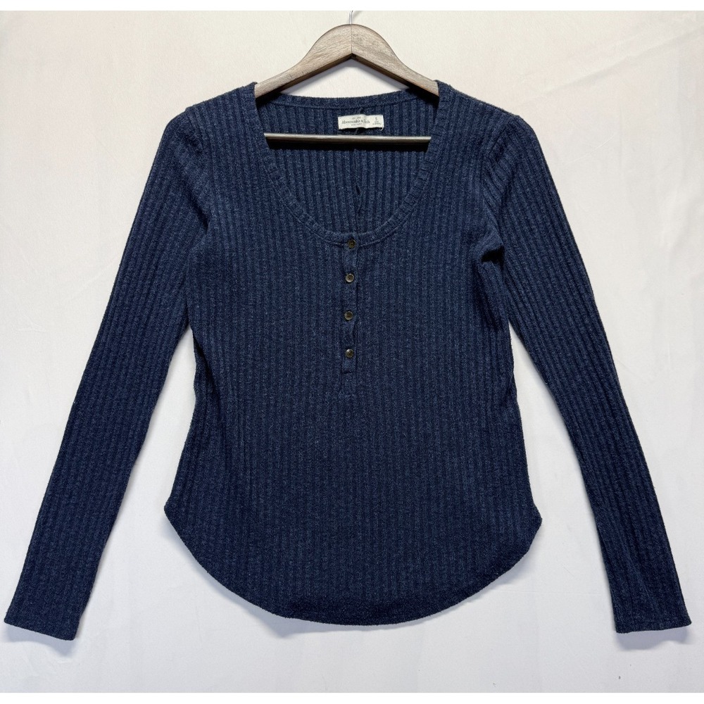 Abercrombie & Fitch Henley Top Womens Small Navy Blue Ribbed Knit Scoop Neck